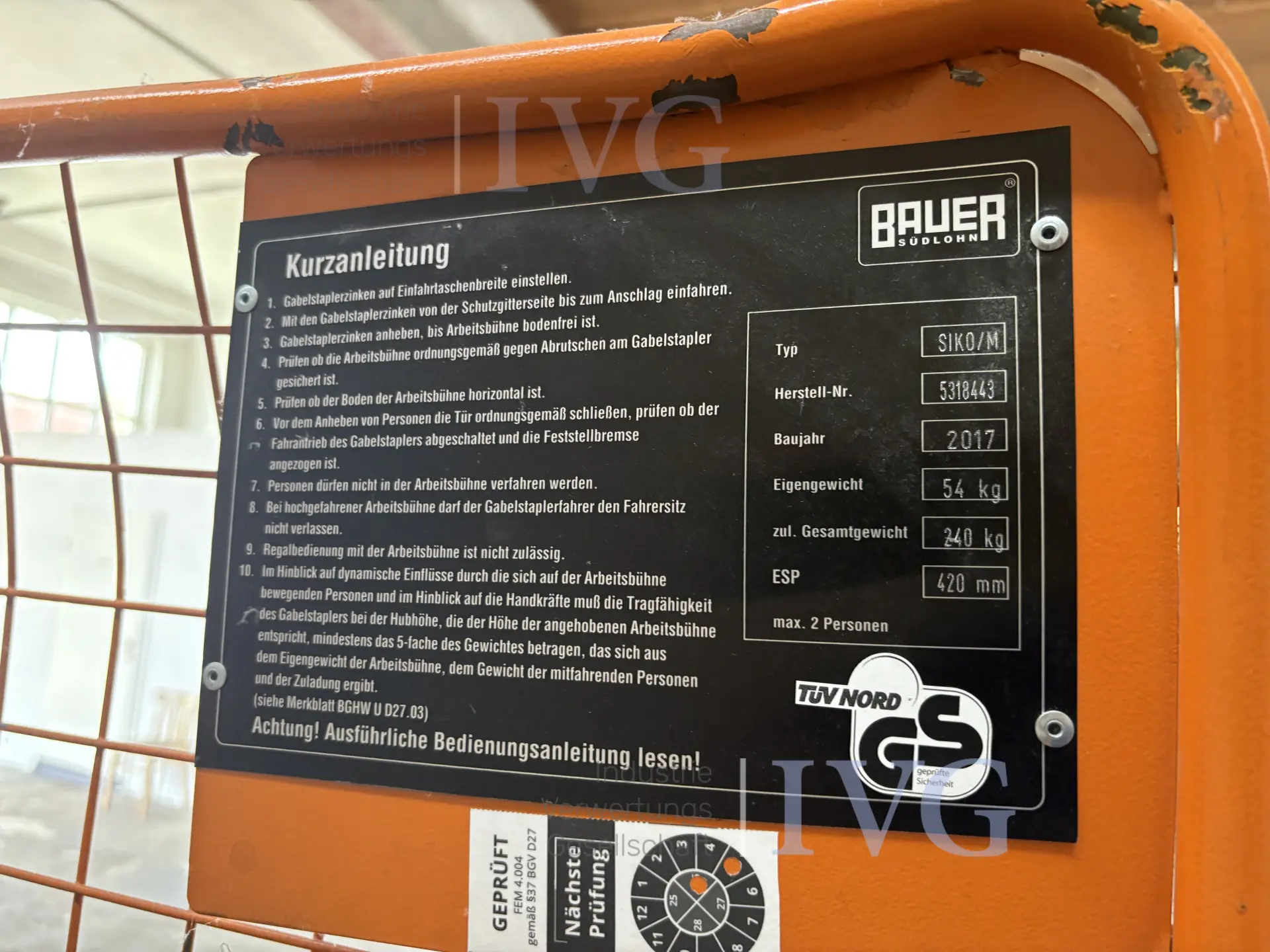 Gabelstapler-Arbeitskorb BAUER SIKO/M – foto 4 – kavel bij IVG, Güstrow